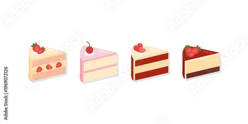 Delicious cake slices collection flat style colorful dessert assortment modern bakery illustration for menu design sweet food presentation and creative culinary graphics