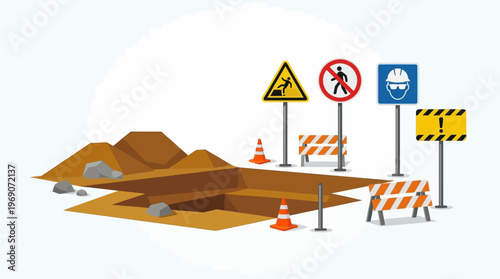 Construction Site Safety Concept with Excavated Hole, Warning Signs, Traffic Cones, and Barriers. Flat Vector Illustration.