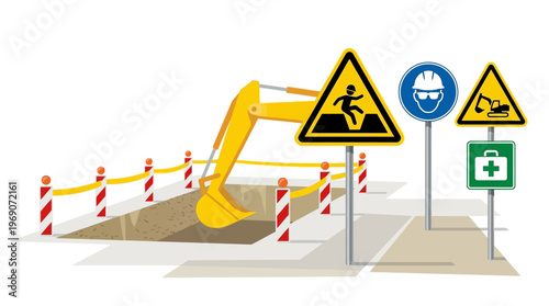 Construction Site Safety Illustration with Excavator, Warning Signs, Protective Barriers, and First Aid Symbol on White Background