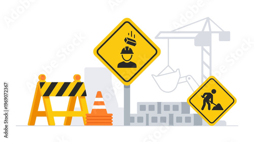 Construction Site Safety Icons and Warning Signs Vector Illustration for Workplace Health and Accident Prevention
