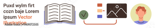 Online learning, digital content creation, education tools, knowledge sharing, personal branding, analytics. An open book, a chart and a user avatar symbol. Online learning and digital content