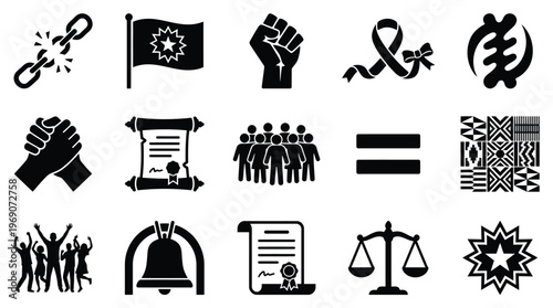 Collection of Black History Month icons representing freedom, justice, equality, and community.