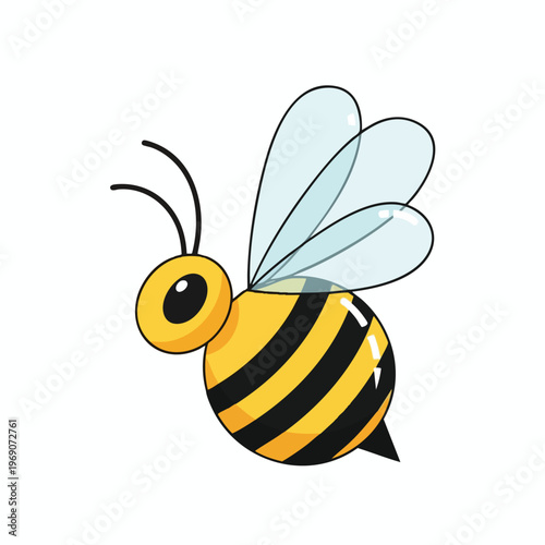 Cartoon bee with yellow and black stripes, light blue wings, and antennae
