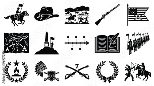 Collection of black and white vector icons representing historical military and Western themes, including cavalry, weaponry, flags, maps, and symbols of honor.