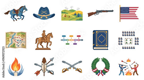Collection of historical icons representing the American Civil War, including cavalry, military leaders, battles, and symbols of conflict and victory.