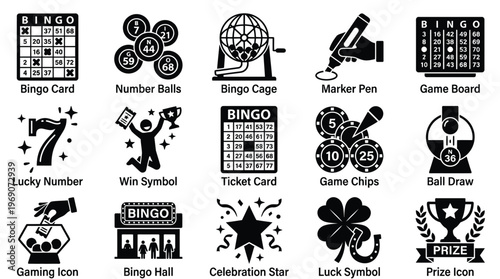 Collection of black and white icons representing various elements associated with the game of Bingo and luck.
