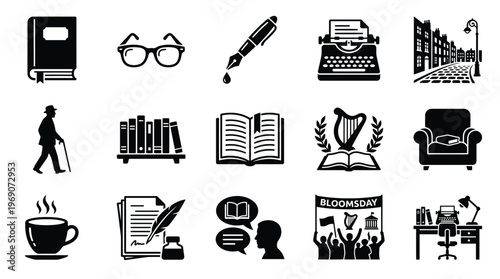 A collection of black and white icons representing literature, writing, and intellectual pursuits, including books, glasses, pens, and a typewriter.