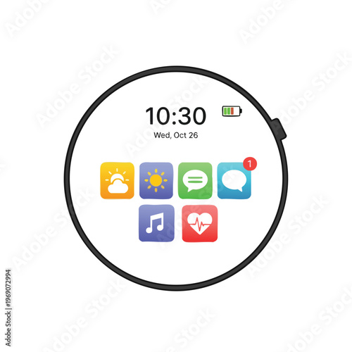 Digital watch face displays time, date, weather, messages, music, and health icons