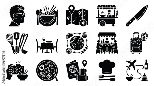 A collection of 15 black and white glyph icons representing various aspects of food and travel, including dining, cooking, and global exploration.
