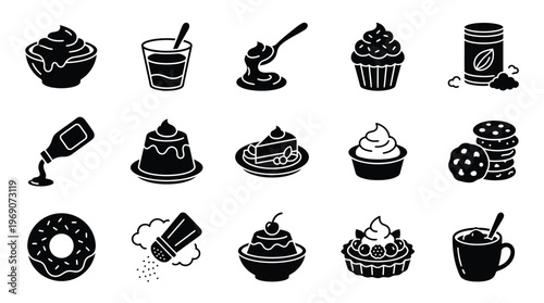 A collection of black and white icons representing various sweet desserts and treats, including cupcakes, cookies, donuts, and pies.