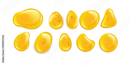 Drops and stains of oil or honey realistic liquid gold drips isolated on transparent background glossy fluid texture for cosmetic food design and luxury branding visuals