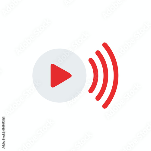 Red play button icon within a gray circle with red broadcast waves