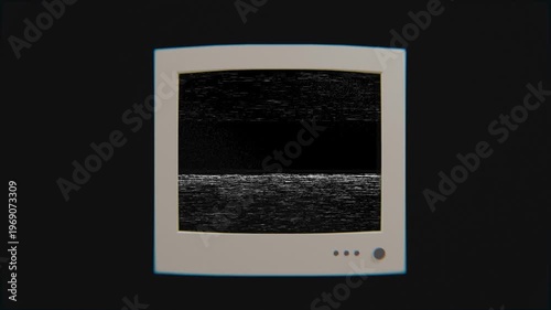 old desktop computer monitor on black background, with glitch effect