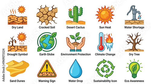 A collection of icons representing environmental issues such as drought, climate change, and sustainability, alongside symbols for dry land, desert cactus, and water shortage.