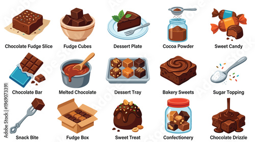 A vibrant collection of various chocolate desserts and ingredients, showcasing different forms of chocolate treats and confectionery.