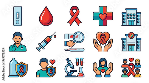 Collection of medical icons representing HIV/AIDS awareness, testing, prevention, and healthcare services.
