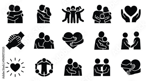 Collection of diverse icons representing human connection, love, support, and togetherness through various embracing and holding gestures.