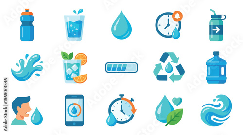 Collection of water-related icons illustrating hydration, health, and environmental consciousness.