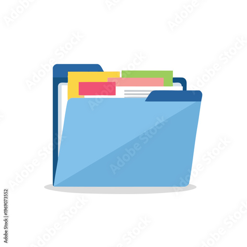 A blue file folder holds several colorful pages and documents