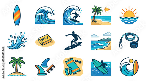 A vibrant collection of surfing-themed icons, showcasing waves, surfboards, beach scenes, and essential surfing gear.