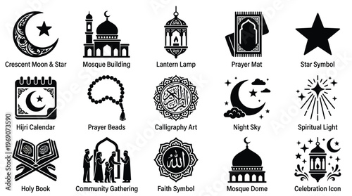 Collection of Islamic cultural and religious symbols, including a crescent moon, mosque, prayer beads, calligraphy, and holy book.