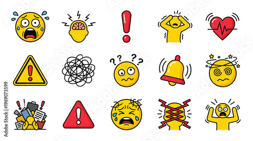 Collection of icons and illustrations depicting stress, anxiety, and mental health struggles with various symbols and emoticons.