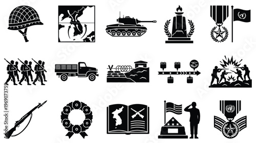 Collection of black and white vector icons representing military themes, including soldiers, equipment, and symbols of conflict and remembrance.