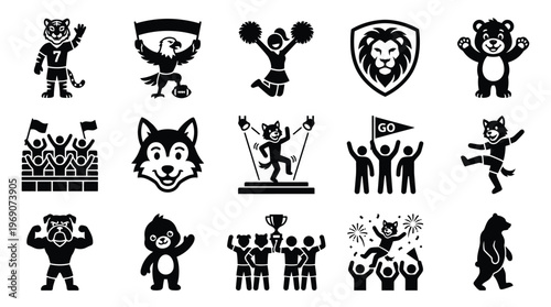 Collection of stylized black and white icons representing mascots, sports teams, and cheering crowds, featuring animals and human figures in dynamic poses.