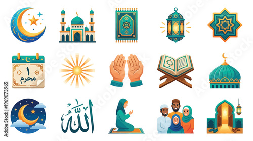 A collection of Islamic cultural and religious icons, including a crescent moon, mosque, prayer rug, lantern, star, calendar, sun, praying hands, Quran, dome, and a family.