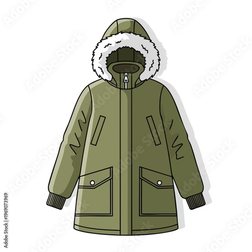 Green hooded parka with fur trim and pocket details