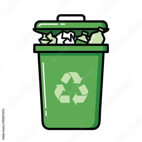 A green recycling bin with a lid, filled with crumpled paper and plastic bottles