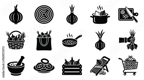 Collection of black and white icons representing various aspects of onions, from whole bulbs to cooking and preparation.