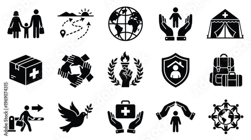 Collection of icons representing humanitarian aid, refugees, global cooperation, and peace.