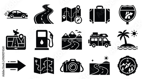 Collection of black and white icons representing various aspects of travel and road trips, including vehicles, navigation, and destinations.