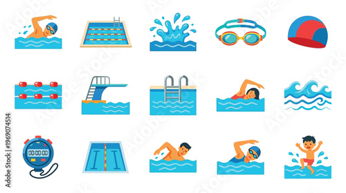Collection of colorful flat icons representing various aspects of swimming and aquatic sports, including swimmers, pools, and equipment.