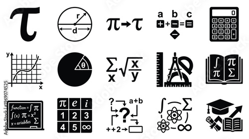 A collection of black and white icons representing various mathematical concepts and tools, including symbols, formulas, graphs, and geometric shapes.