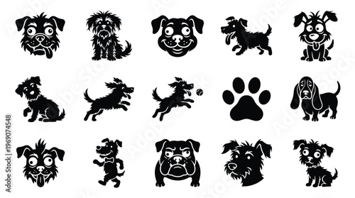 Collection of 15 black and white silhouette illustrations of various dog breeds and a paw print, suitable for graphic design and pet-related themes.