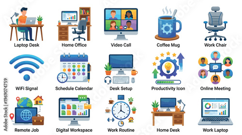 A collection of icons representing various aspects of remote work, including home office setups, video calls, and digital tools for productivity.
