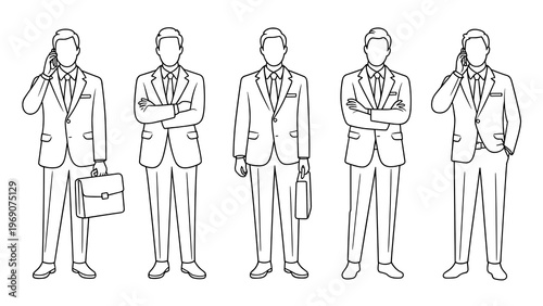 Collection of fashionable businessmen in different poses wearing modern suits flat line art minimal vector illustration isolated on white