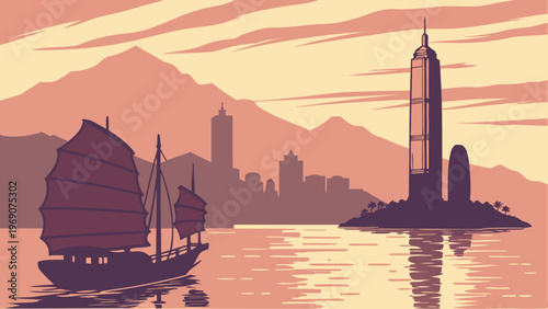 Traditional Junk Boat Sailing Past A Modern Coastal City Skyline Featuring A Tall Skyscraper Overlooking Calm Waters Under A Soft Sunset Horizon hong