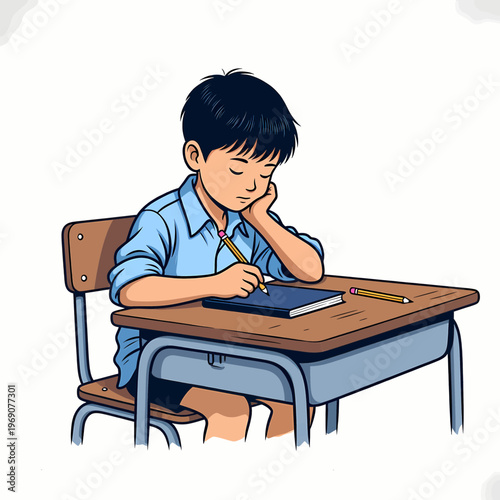 Boy looking tired while writing at a school desk with a pencil with long day
