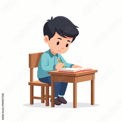 Student focused on writing in an open book at a wooden desk with learning proces