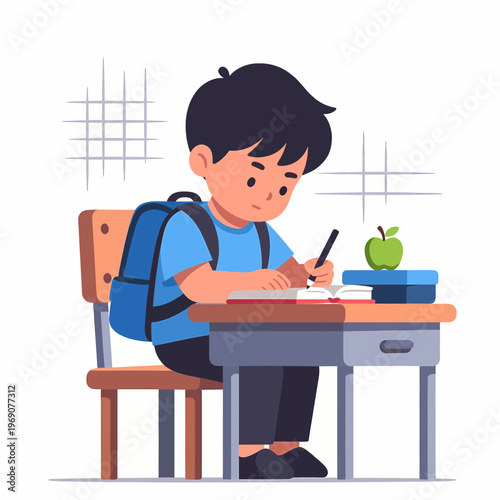 Focused boy student writing in notebook at school desk with backpack and apple