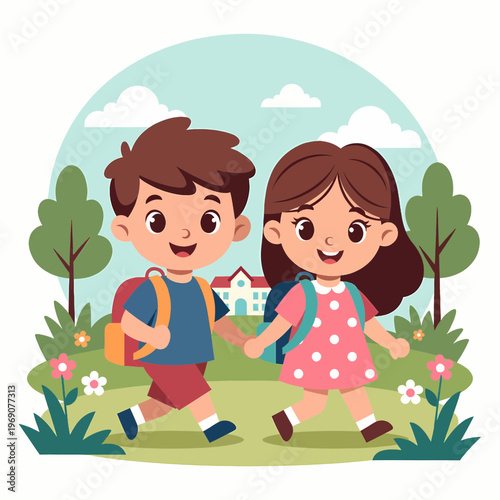 Happy boy and girl students walking hand in hand to school building