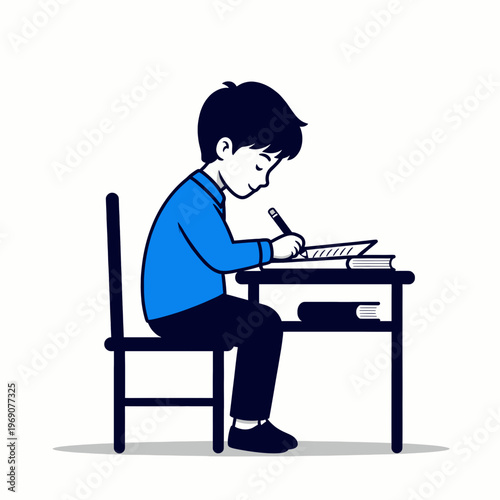 Young boy concentrating while writing at a desk with books with white background