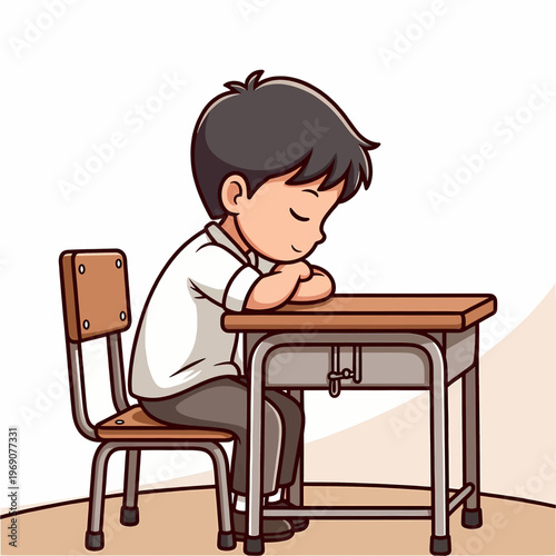 Tired student sleeping at desk during class with low energy with wooden desk