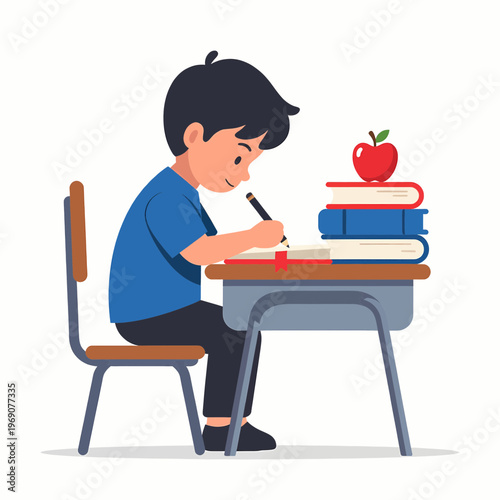 Boy studying and writing at a desk with books and an apple with school desk