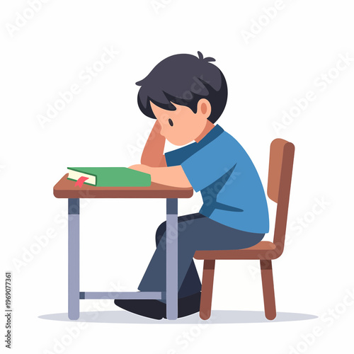 Bored boy resting head on hand at desk with book with flat design