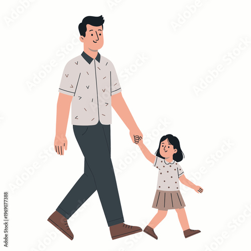 Man and young girl walking hand-in-hand, father and child outdoors, they are dep