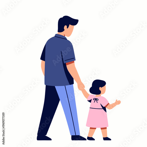 Father holding his daughter's hand while walking together with they are moving